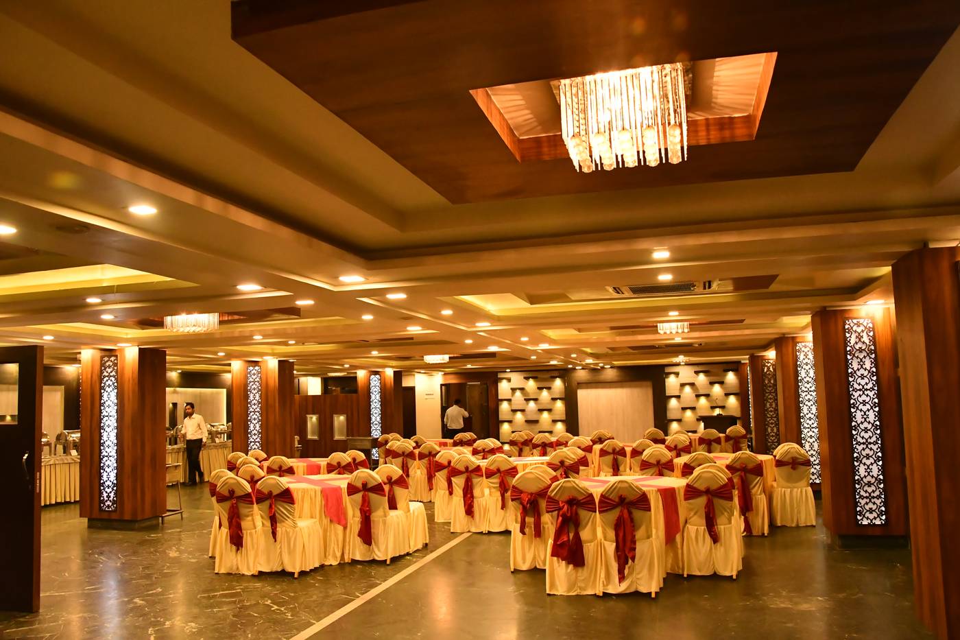 The golden Maya banquet hall at Hotel Chinmaye Inn